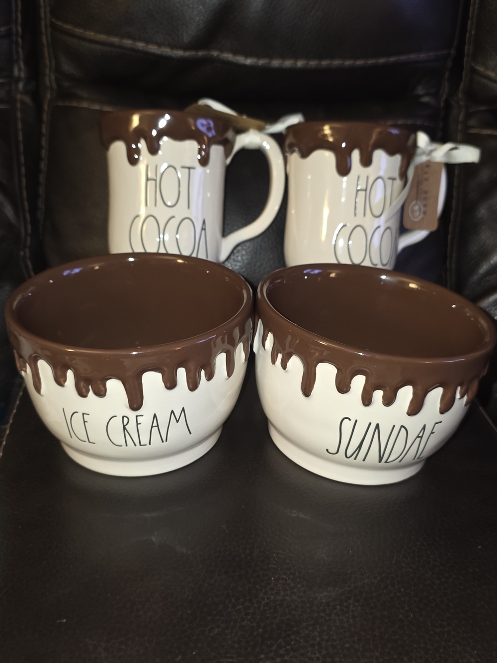 Rae Dunn Cream & Brown "Ice Cream" Bowls and Hot Cocoa Mugs Set